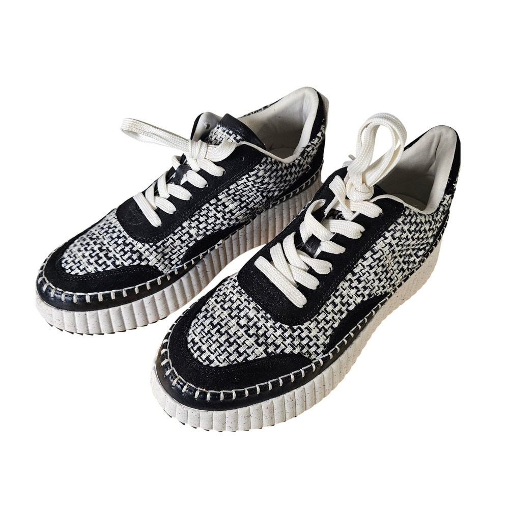 Classic Houndstooth Tweed Inspired Black White Platform Sneakers Size 10